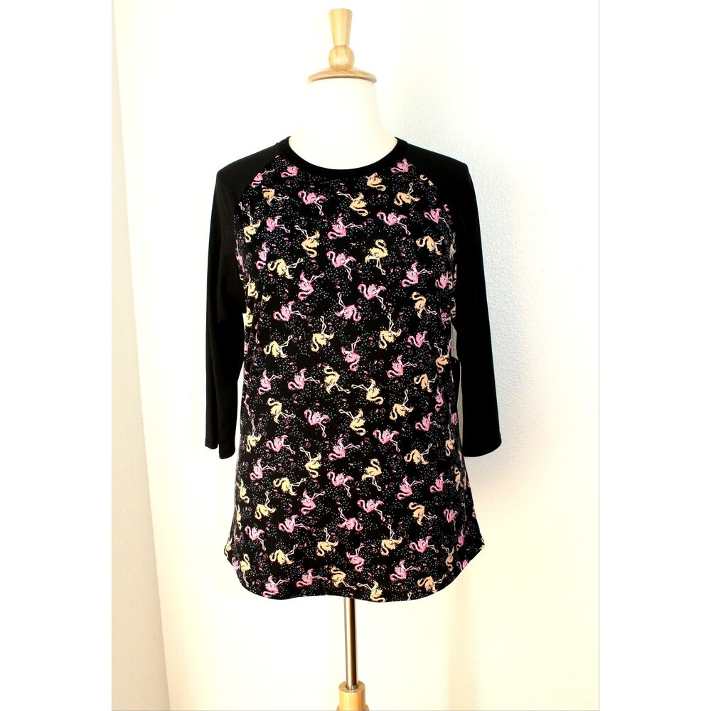 NWT Beachy Coastal LULAROE Knit Top Sz. 2XL RANDY Black Flamingoes 3/4 Sl. #03